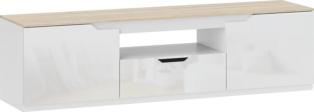 HOMCOM Lowboard para TV, alto brilho, para televisores até 165,1 cm, 3 compartimentos, gaveta, 160 x 38 x 43 cm, madeira natural | Aosom Portugal