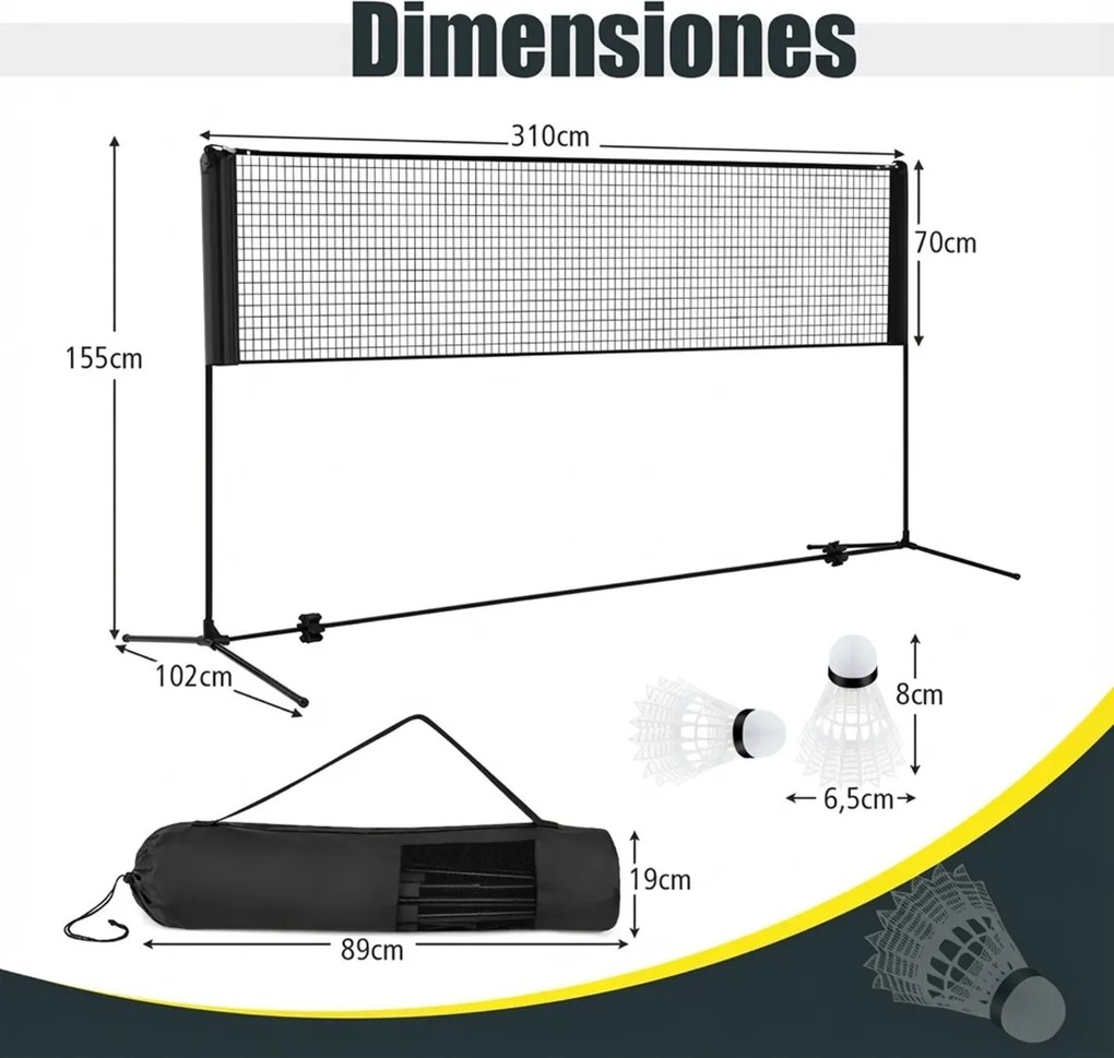 Rede de badminton 310 cm portátil ajustável em altura com postes, bolsa de transporte e 2 penas para interior e exterior Preta