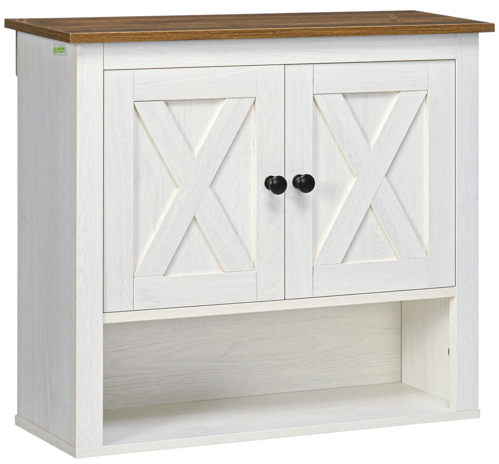 kleankin Armário Casa de Banho de Parede com 2 Portas e Prateleiras de Armazenamento 60x19,5x52,5 cm Branco e Madeira | Aosom Portugal