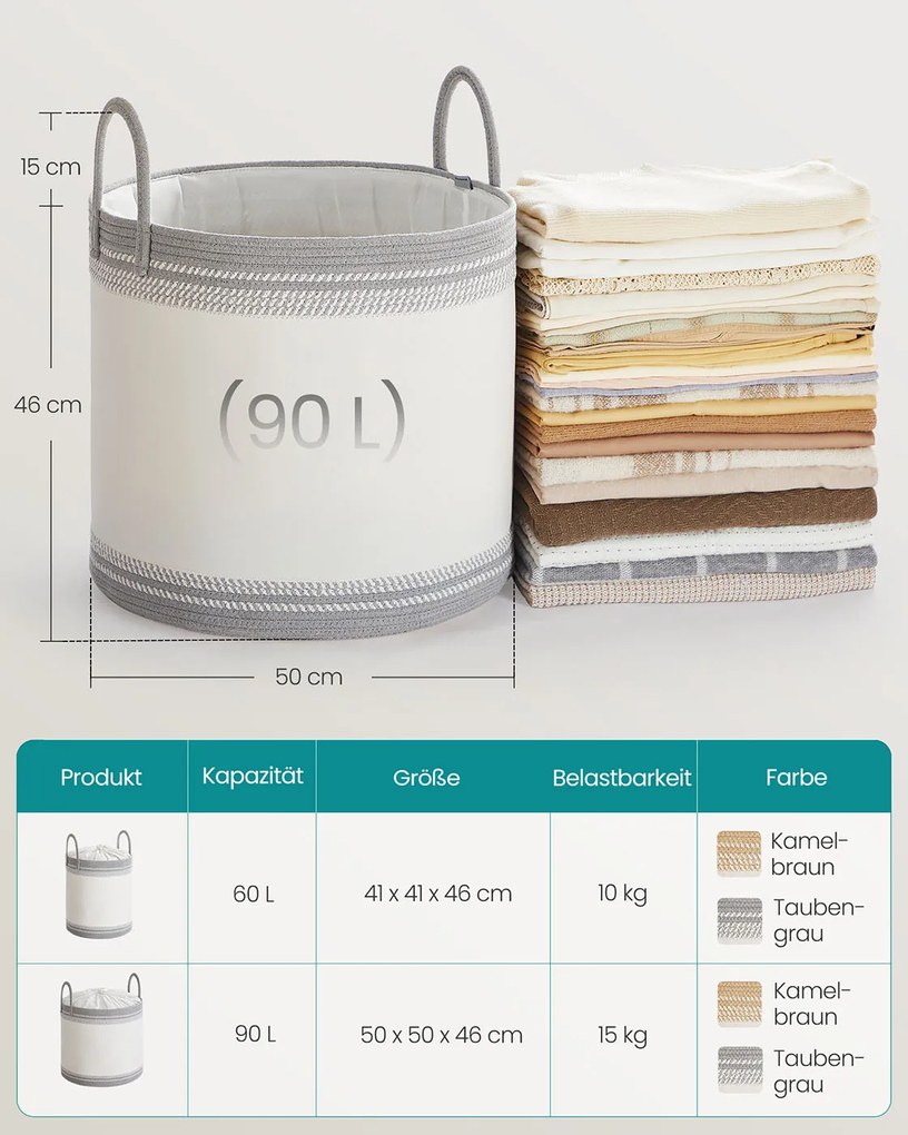Cesto para roupa suja 90 L com tampa e pega 50 x 50 x 46 cm cinzento