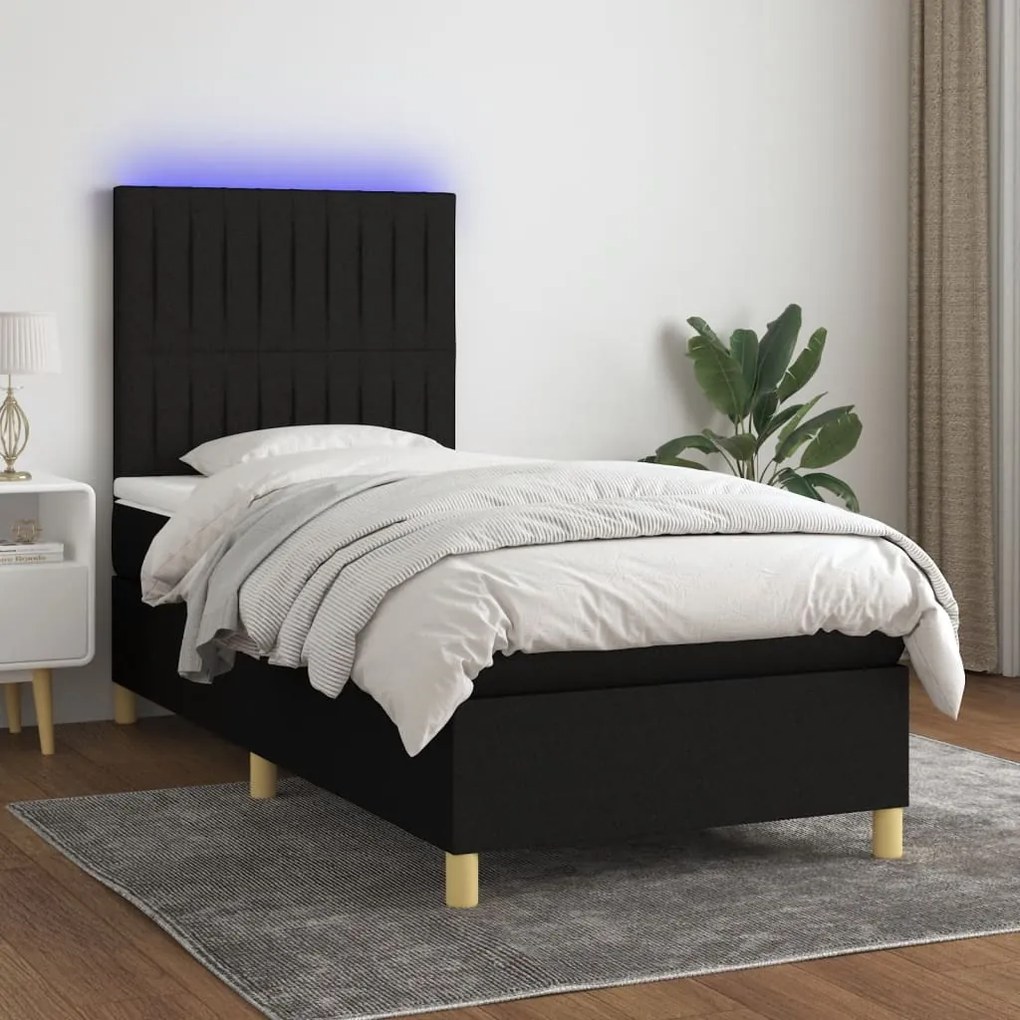 Cama box spring c/ colchão e LED 90x190 cm tecido preto