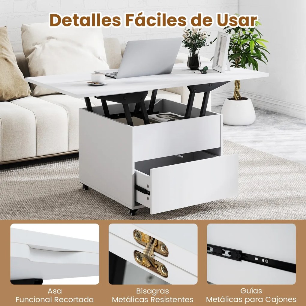 Mesa de Centro Elevável e Dobrável, 60 x 60 x 50 cm, Arrumação Oculta, Branco