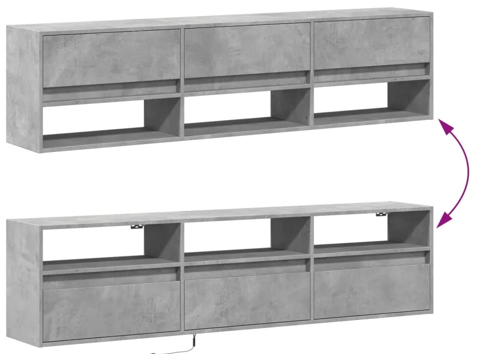 Móvel de parede p/ TV c/ luzes LED 180x31x45 cm cinza cimento