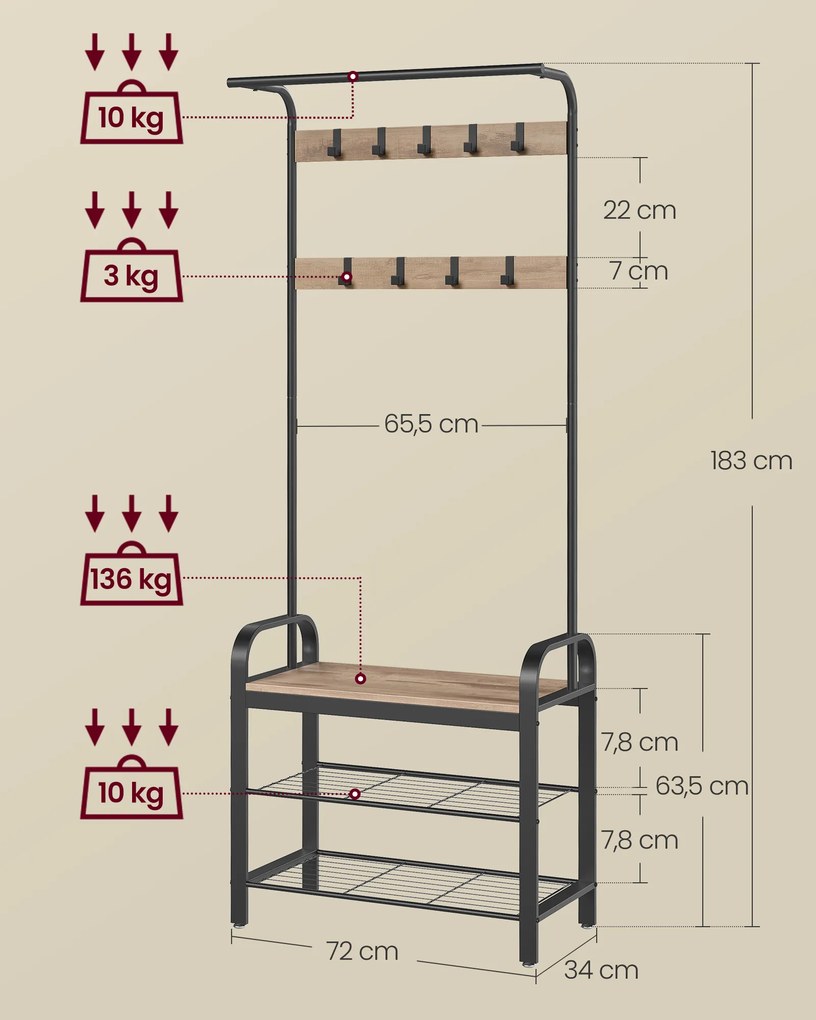 Bengaleiro hall entrada com 9 ganchos amovíveis 33,7 x 72 x 183 cm castanho camelo-preto