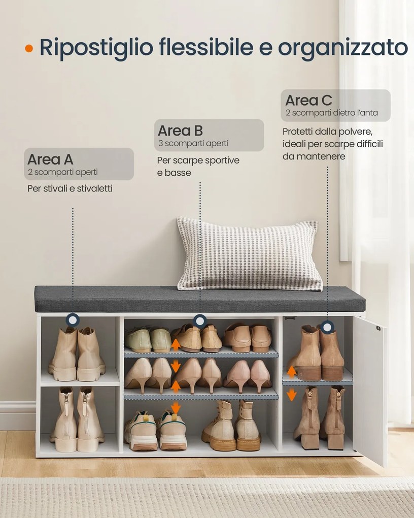 Banco para sapatos 30,5 x 104 x 48 cm (P x L x A) com espaço de arrumação e compartimentos abertos ajustáveis