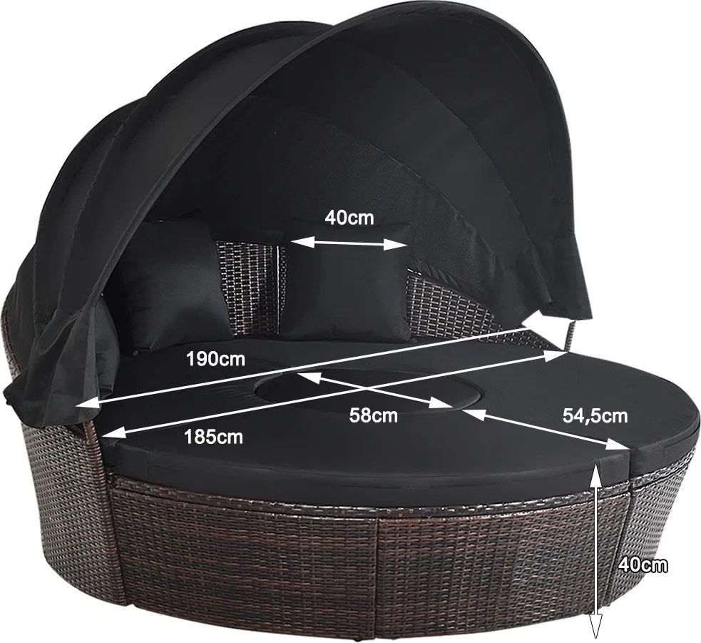 Cama de jardim redonda com Toldo retrátil Assentos separados Almofadas de vime de rattan Mesa de café Jardim Pátio castanho e Preto