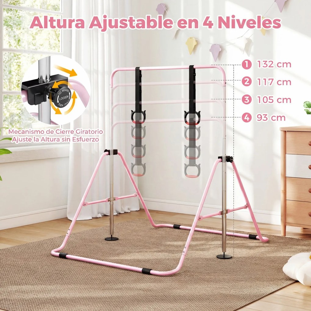 Barra de Ginástica para Crianças, 111,5 x 144,5 x 132 cm, Ajustável em 4 Níveis de Altura, Cor-de-rosa