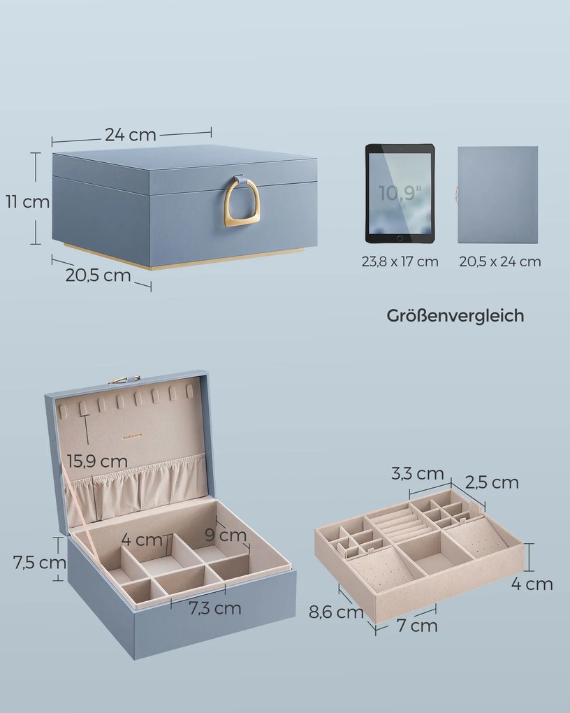 Caixa para joias de 2 níveis com pega 20,5 x 24 x 11 cm – Ideia para presente azul nevoeiro