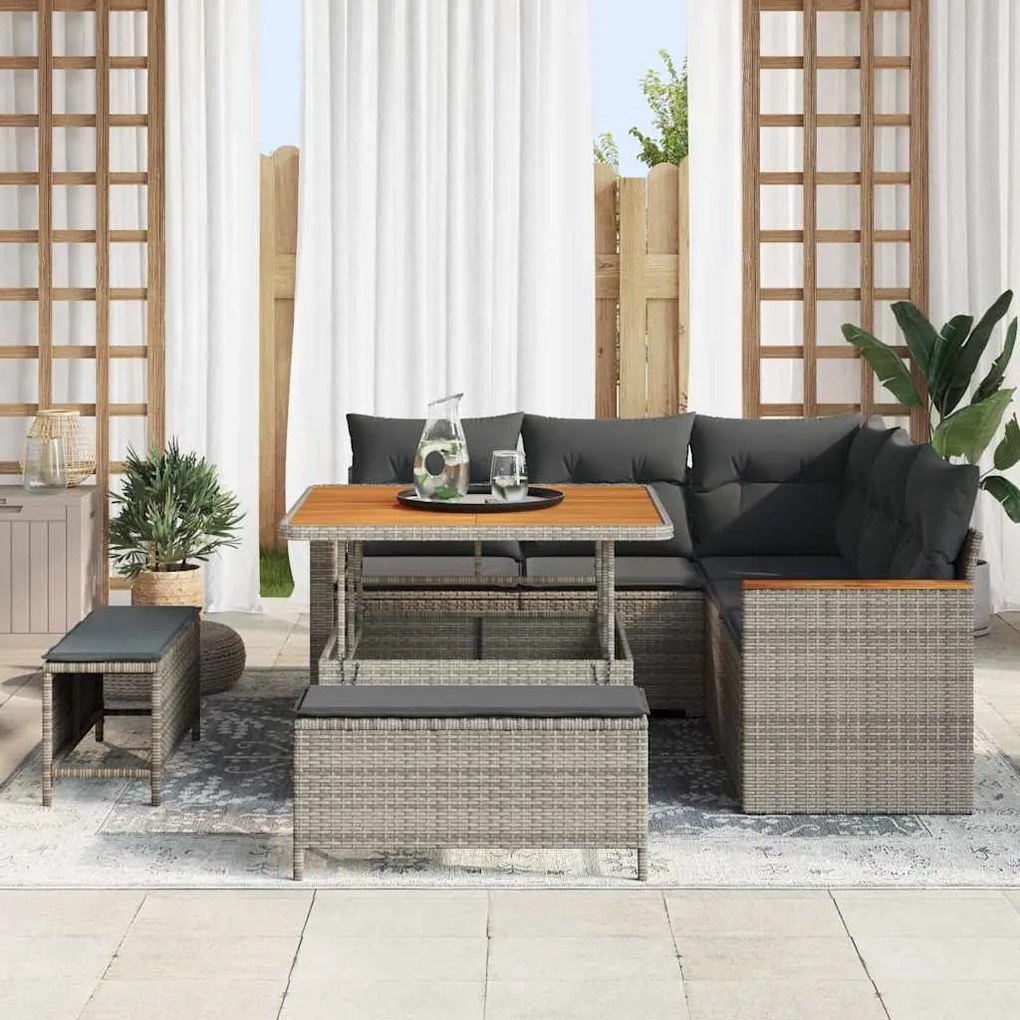 Conjunto de Sofá de Jardim de 8 Peças com Almofadas Cinza Vime Polieti