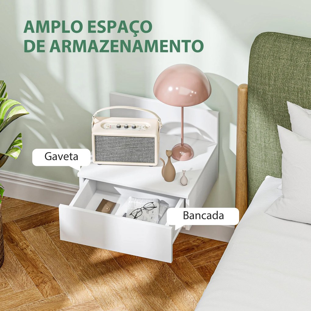 Conjunto de 2 Mesas de Cabeceira Flutuante Conjunto de 2 Mesas de Cabeceira de Parede com Gaveta 43x36,5x30,5 cm Branco