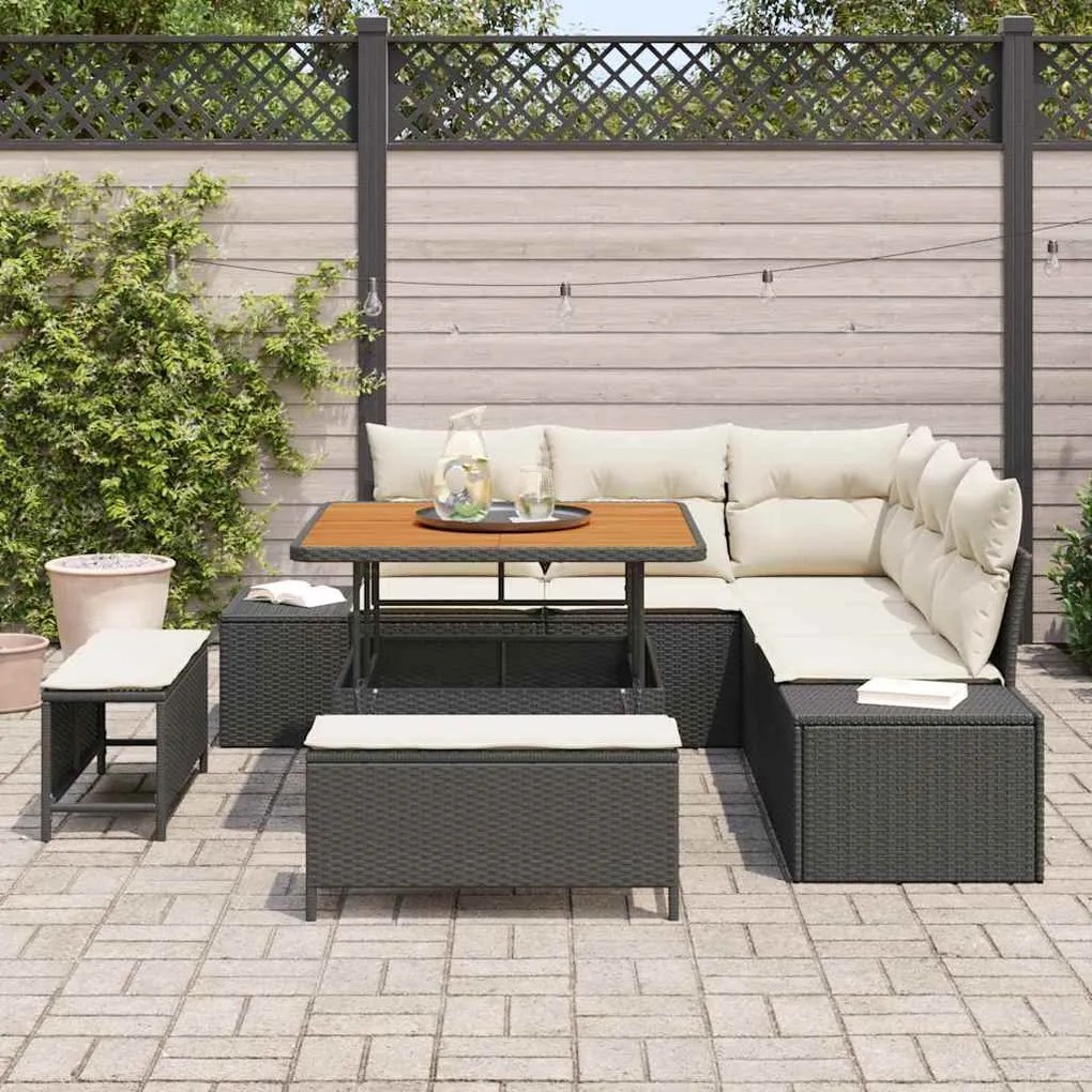 Sofá de Jardim com 8 Peças e Almofadas Pretas em Rattan Sintético e Ac