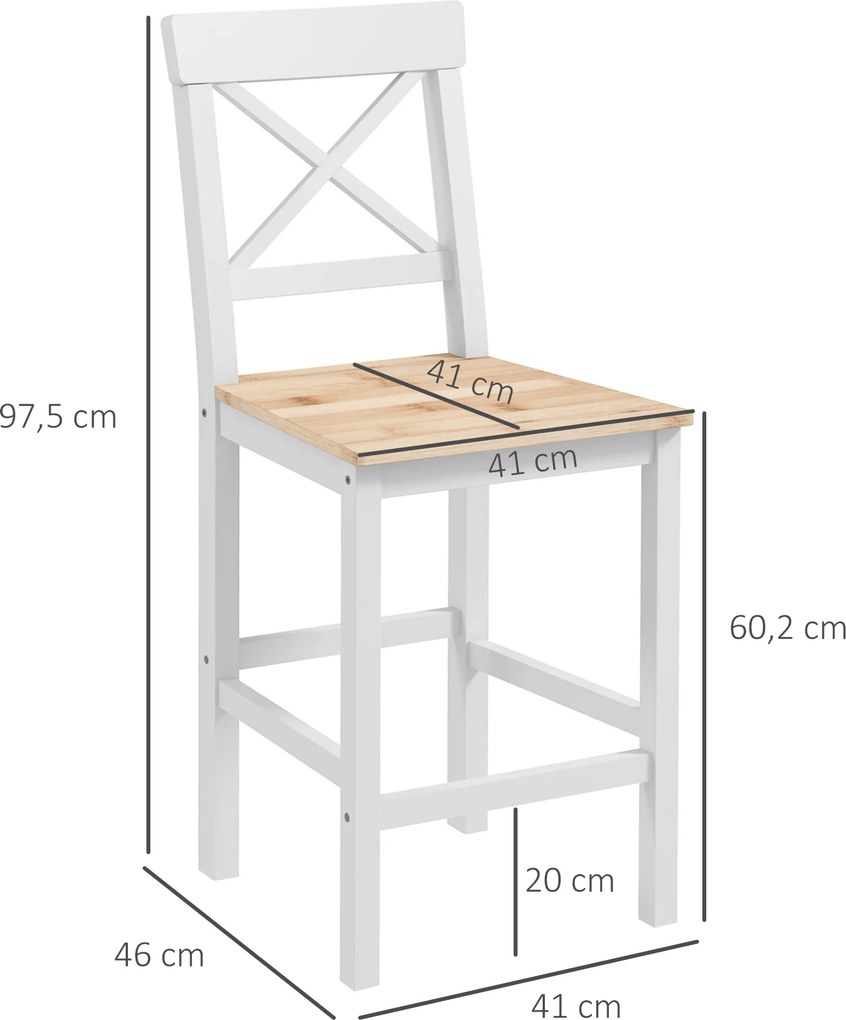 Conjunto de 2 Bancos de Bar de Madeira com Encosto e Apoio para os Pés Estilo Rústico para Cozinha 41x46x97.5 cm Natural
