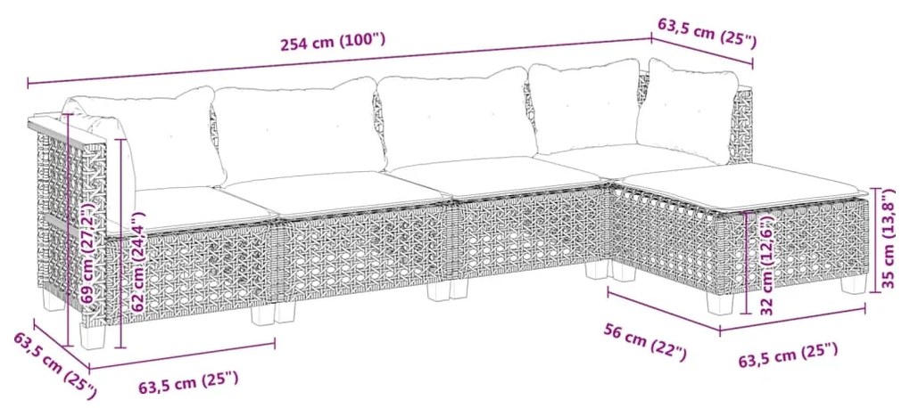 5 pcs conjunto sofás de jardim com almofadões vime PE preto