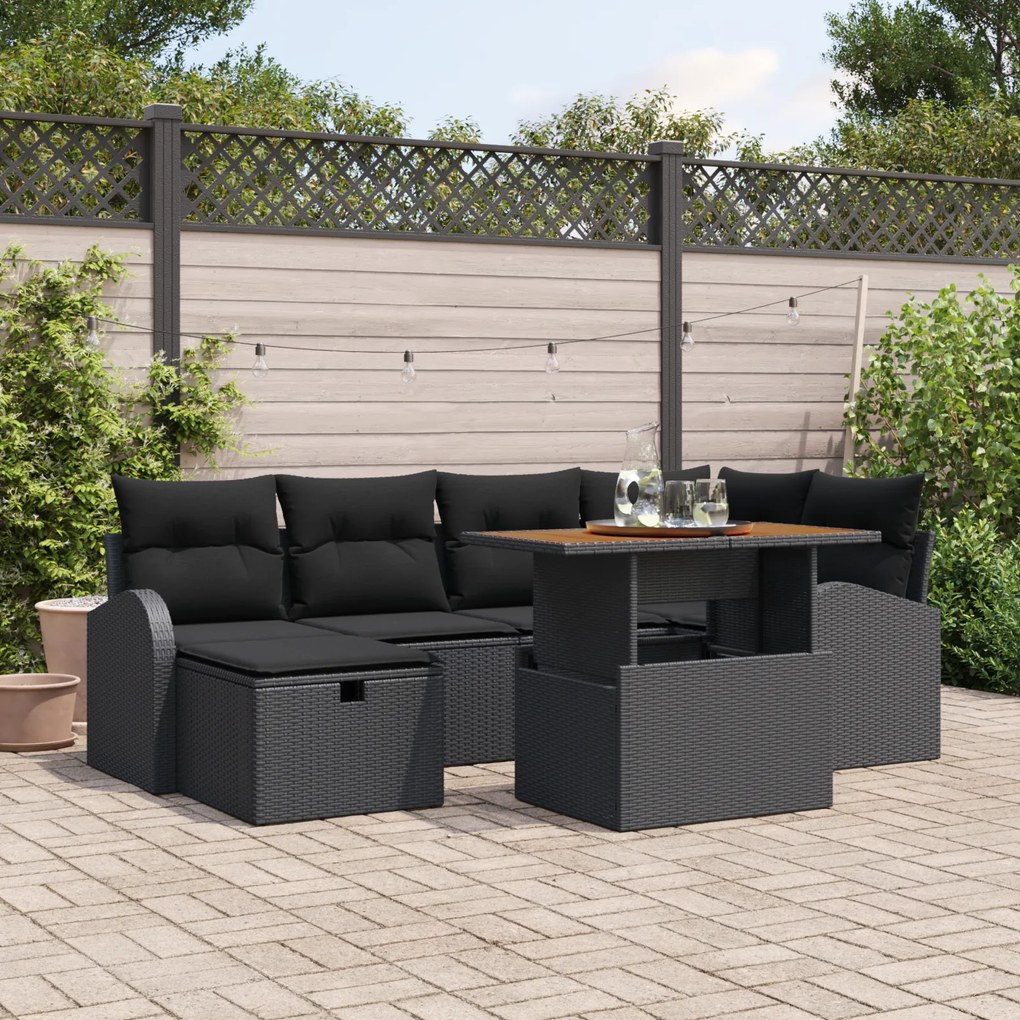 Conjunto de Sofá de Jardim com Almofadas de 7 Peças Preto Rattan de Po