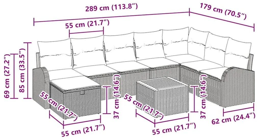 Conjunto de Sofás de Jardim de 9 Peças com Almofadas Bege Polirattan