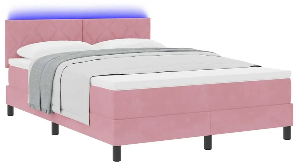 Cama Box com Colchão e LED Rosa 140x190 cm Veludo