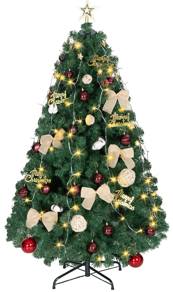 Árvore de Natal de 150 cm com Decorações 150 Luzes LED Branco Quente 8 Modos de Iluminação e 480 Ramos Verde