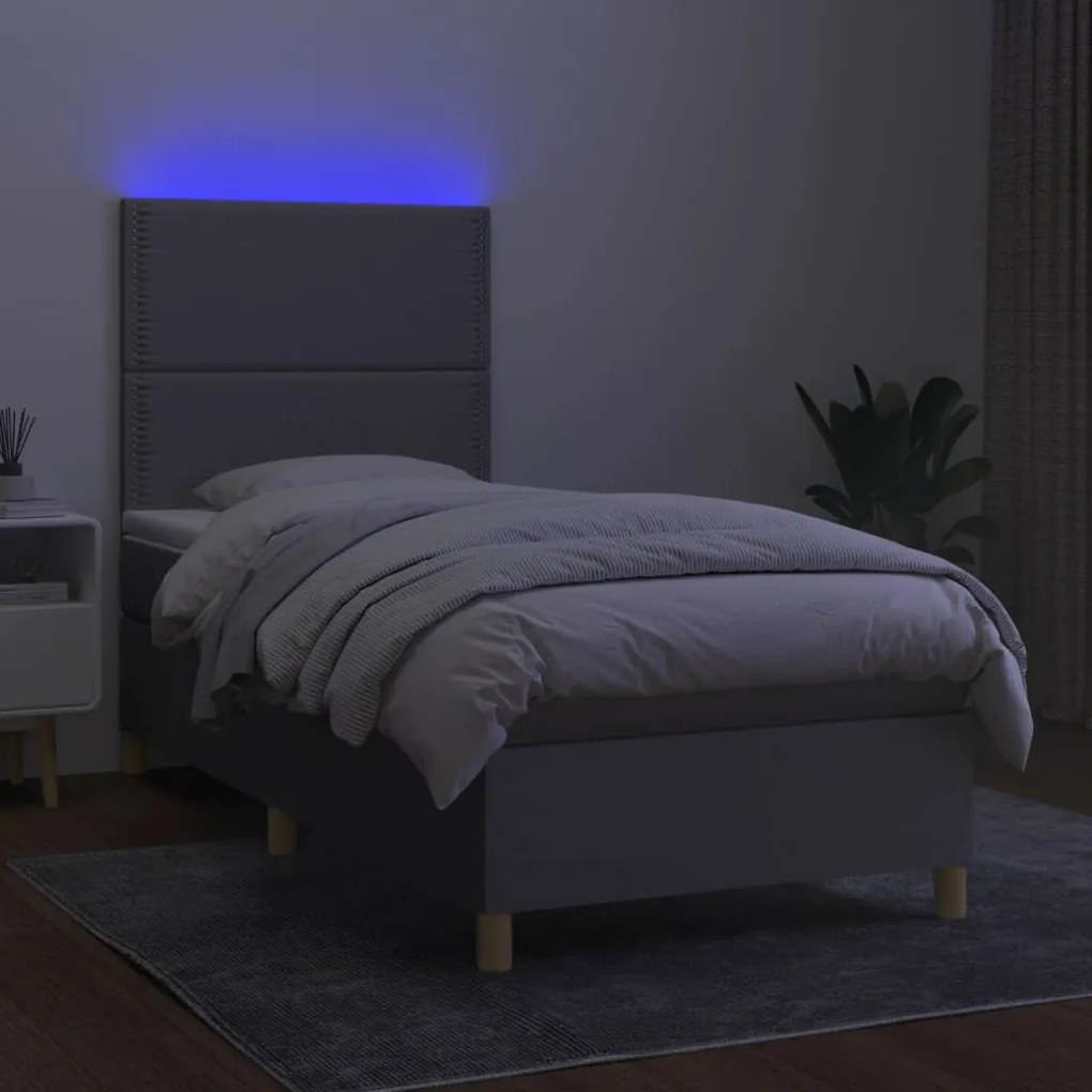 Cama box spring c/ colchão e LED 80x200 cm tecido cinza-claro