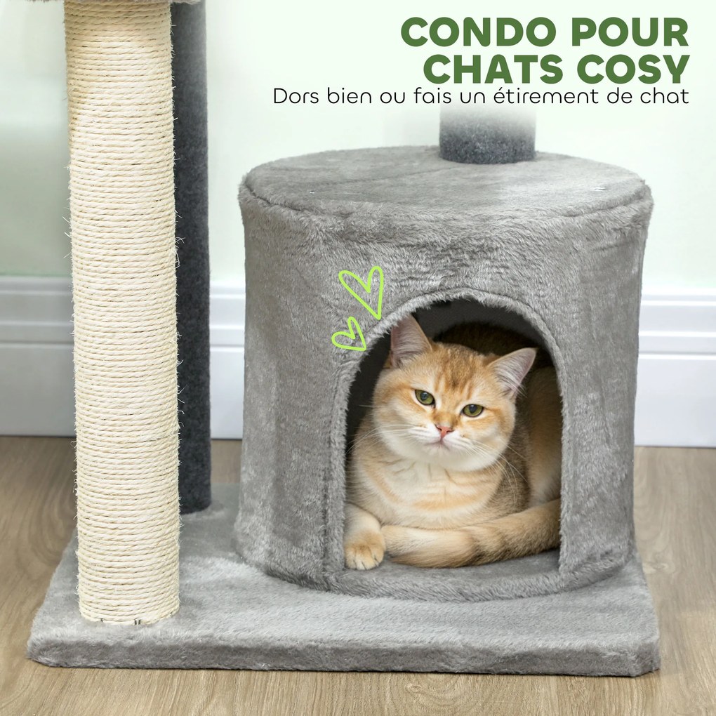 Arranhador para gatos com 103 cm de altura, plataformas, compartimentos abertos, casinha de peluche, bola de peluche, postes de sisal, base reforçada,