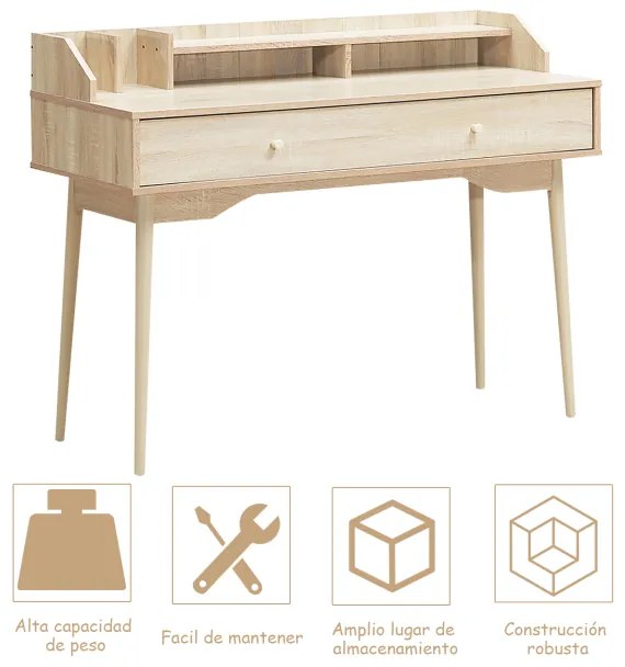 Secretária Mesa de computador com gaveta, pés de madeira de borracha e 2 compartimentos para escritório de estudo 120 x 50 x 93 cm Natural