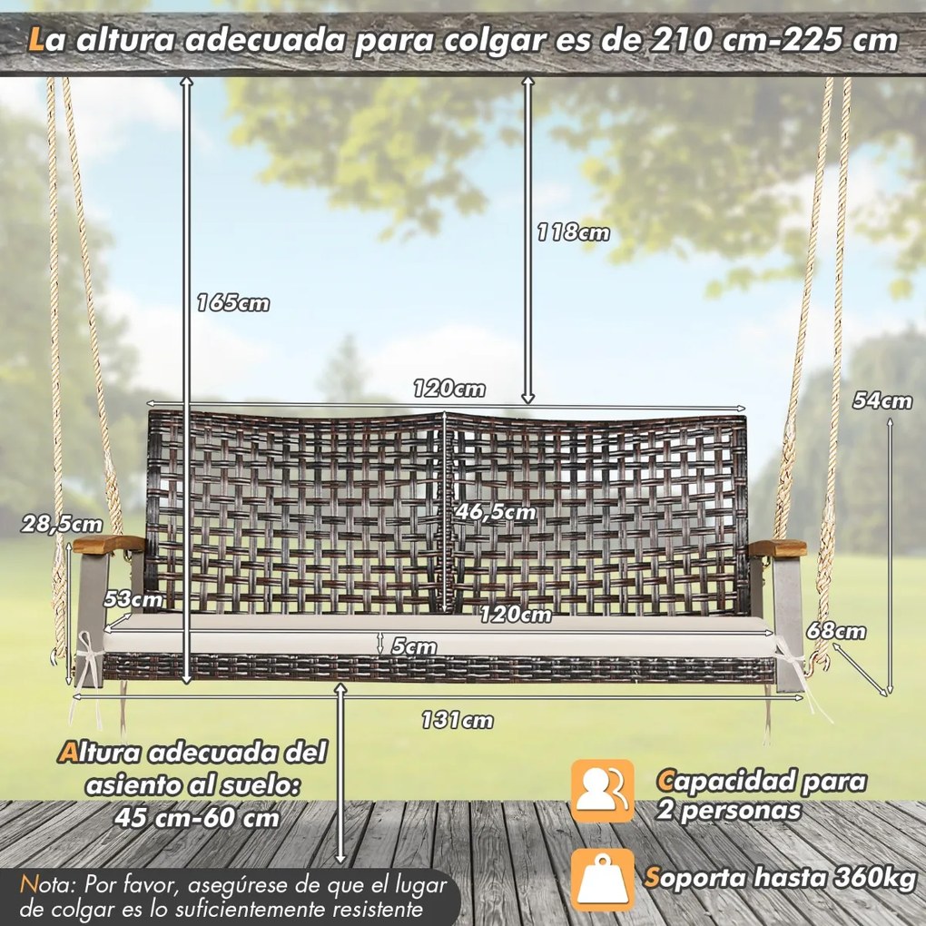 Baloiço de varanda em vime de 2 lugares com almofada de assento Apoio de braço em madeira de acácia 2 cordas 131 x 68 x 54 cm Castanho + Branco