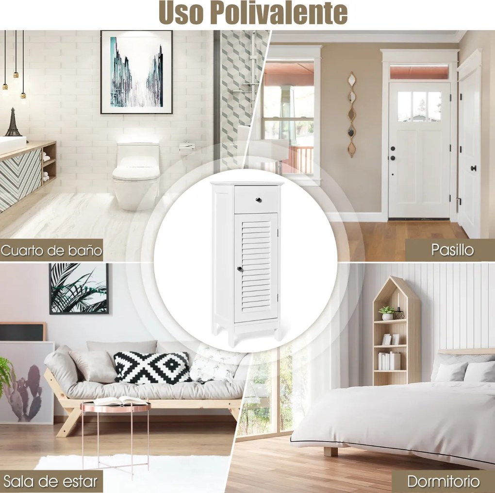 Armário de Arrumação de Casa de Banho, 32 x 30 x 88 cm, Prateleira Ajustável, Branco