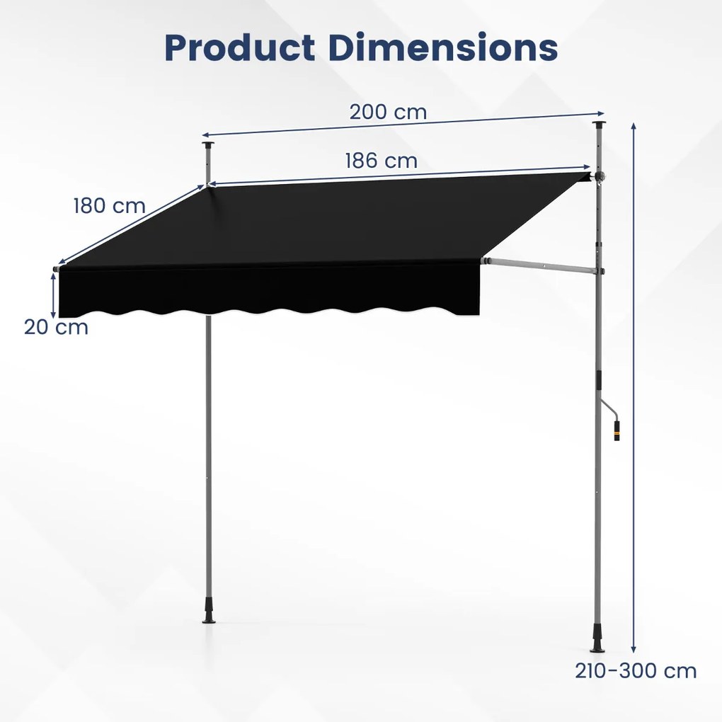Toldo retrátil manual 2 m x 180 cm Sombra exterior ajustável sem perfuração com manivela para pátio, varanda, jardim Preto