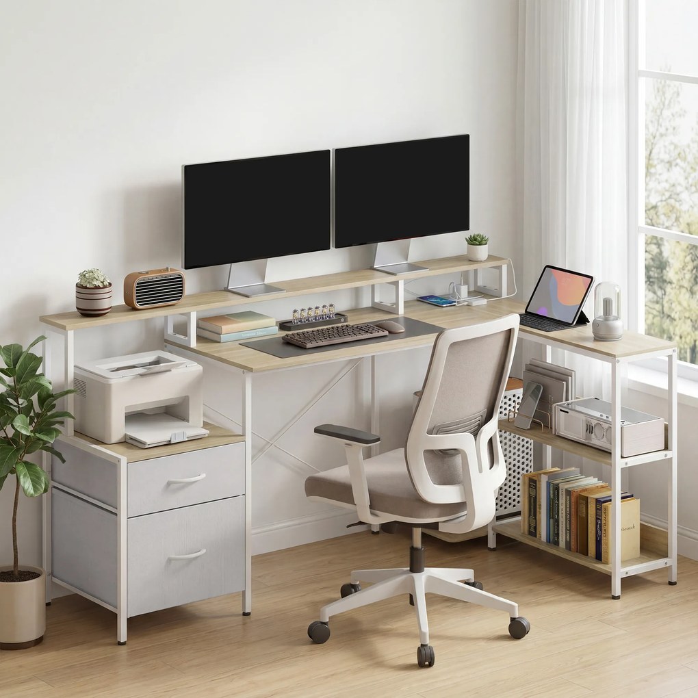 Secretária de canto 172 C x 100 P x 89 A cm com tomadas e luzes LED RGB, secretária para computador, suporte para ecrã, 2 gavetas tecido, branca e beg