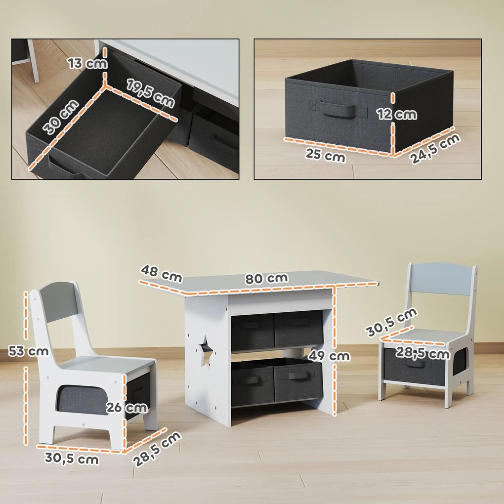 Mesa Infantil com 2 Cadeiras Mesa e Cadeiras para Crianças com 6 Gavetas de Tecido Desenho Estrelas Cinza Claro