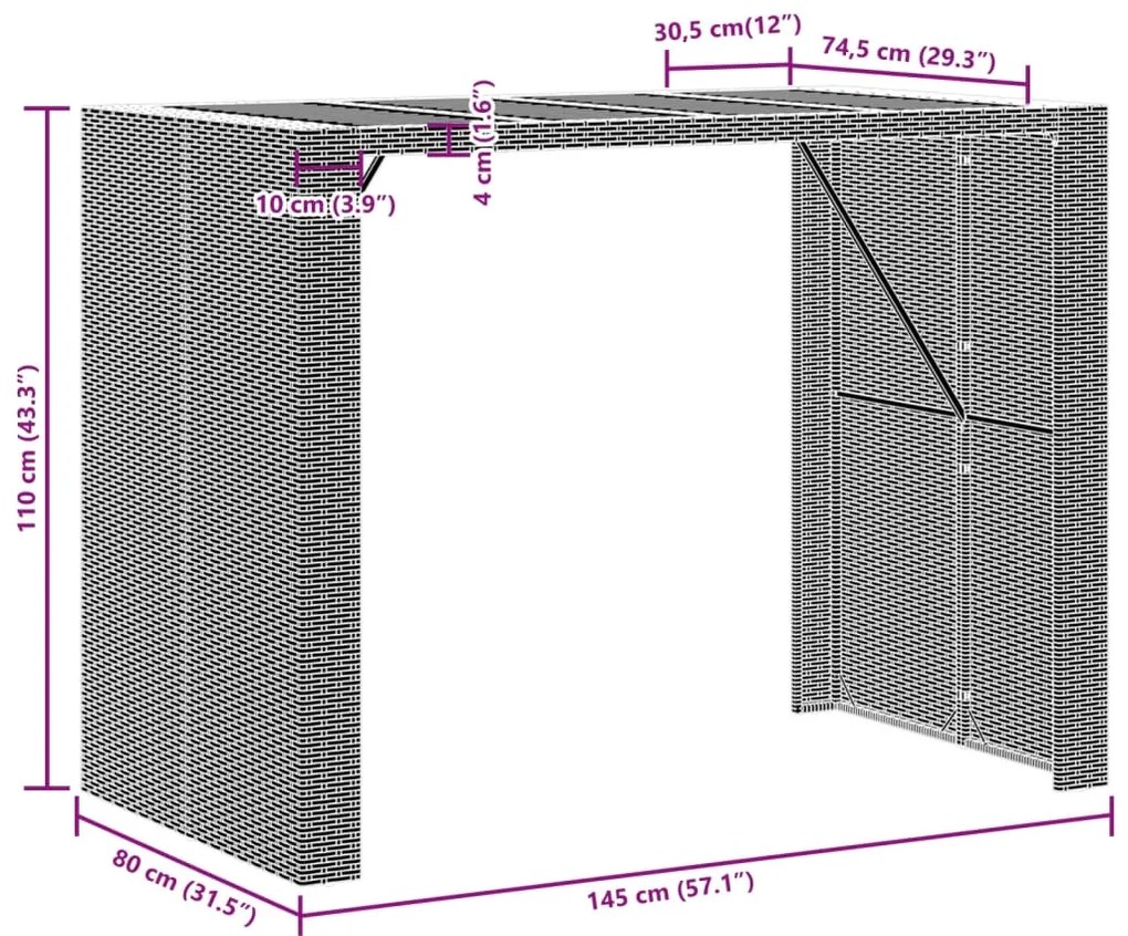Mesa de bar para jardim com tampo em acácia vime PE preto