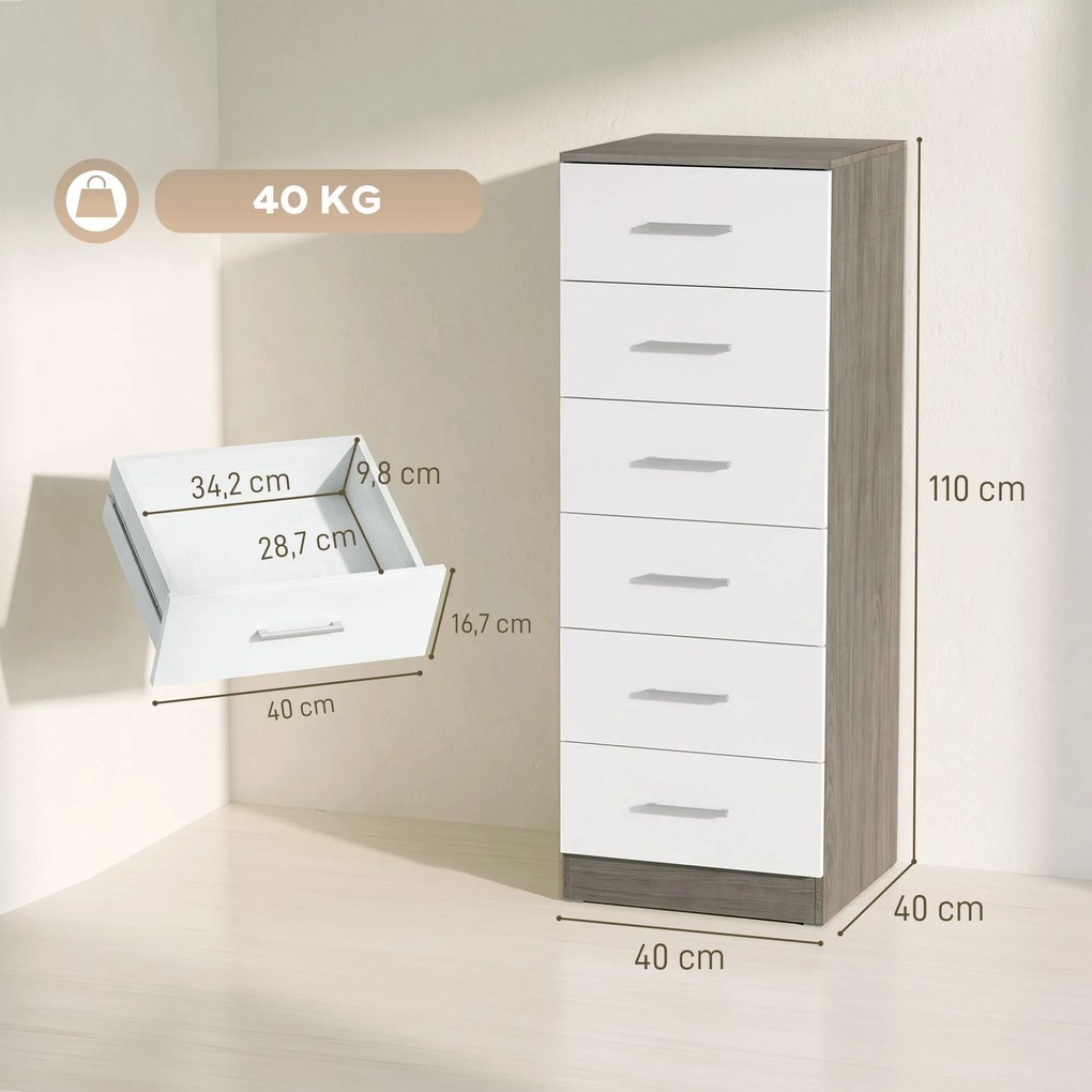 Cómoda de 6 Gavetas Alta para Quarto com Sistema Antitombo 40x40x110 cm Cinza-claro e Branco
