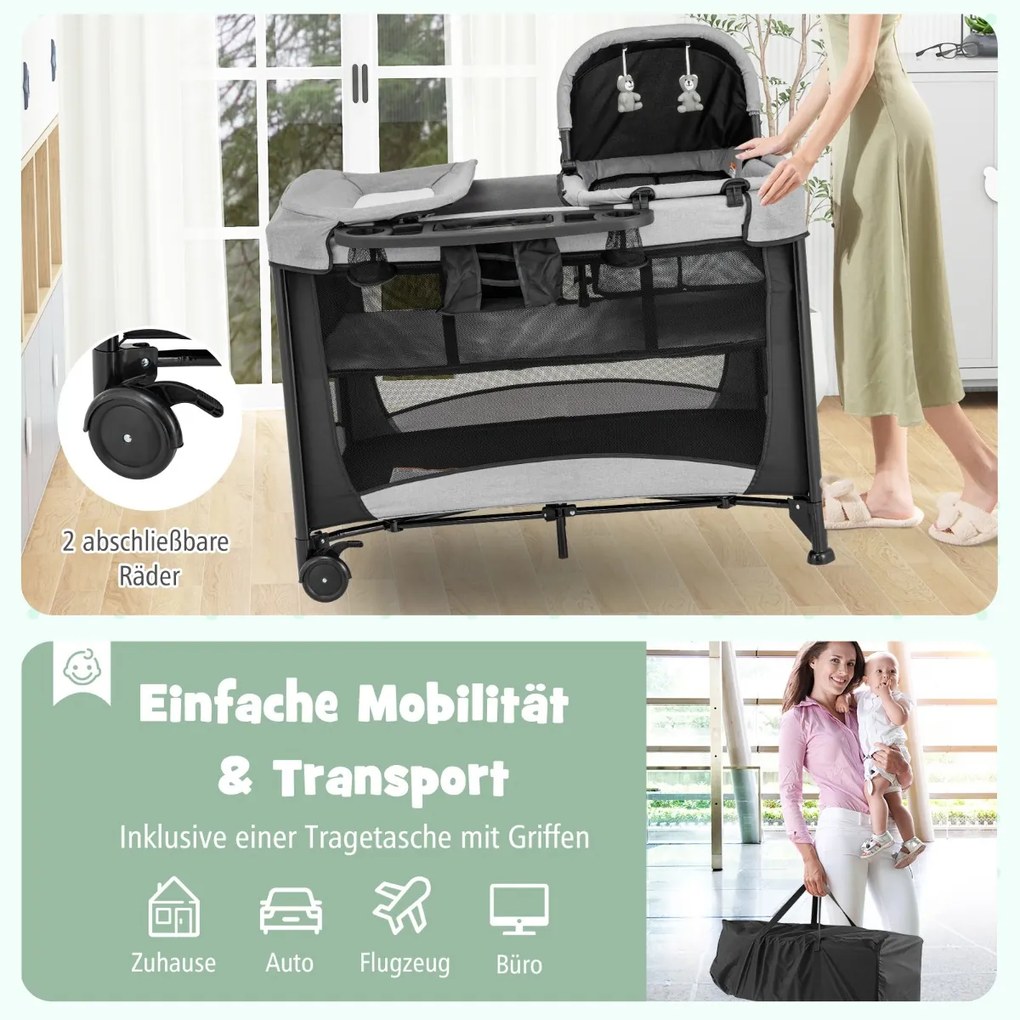 Cama de bebê 5 em 1 dobrável, berço de viagem, cercadinho, trocador, berço, colchão removível, brinquedos, entrada lateral, cinza