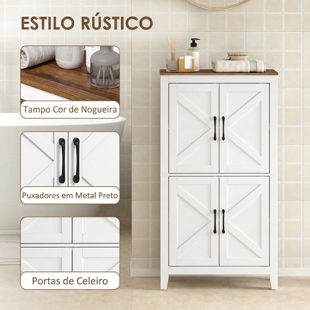 Armário Estreito para Casa de Banho com Portas Estilo Celeiro, 4 Prateleiras Ajustáveis, 60x30x110 cm, Branco