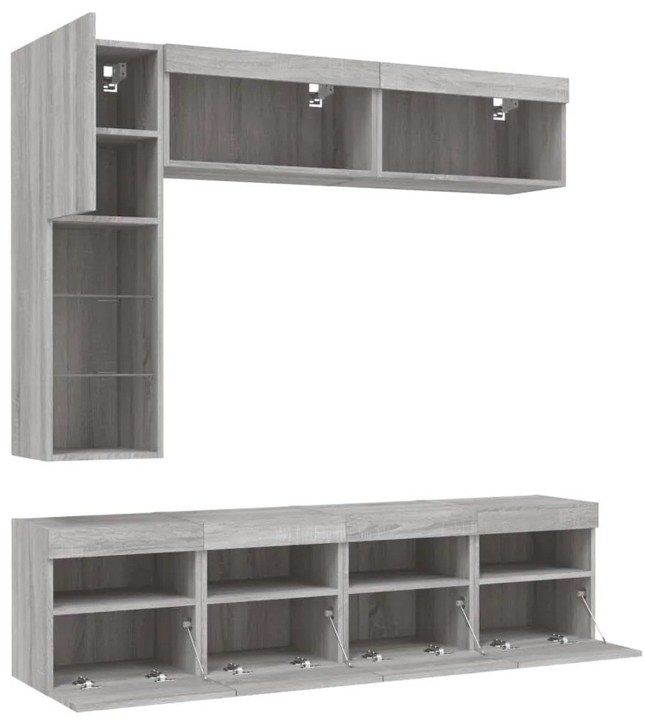 7 pcs conj. móveis de parede p/ TV c/ luzes LED cinzento sonoma