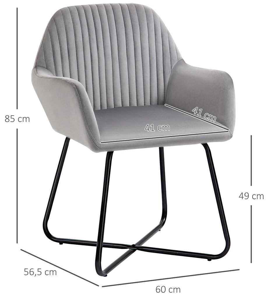 Cadeira de Sala de Jantar Estofada em Veludo com Base Metálica Cruzada Cadeira de Leitura 60x56,5x85 cm Cinza