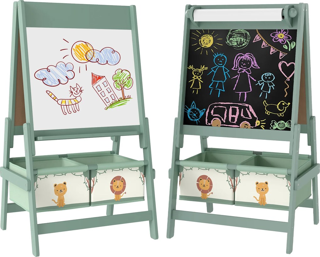 Quadro infantil 3 em 1: cavalete infantil de dupla face, quadro preto e branco, com rolo de papel, 54 x 46 x 94 cm, verde