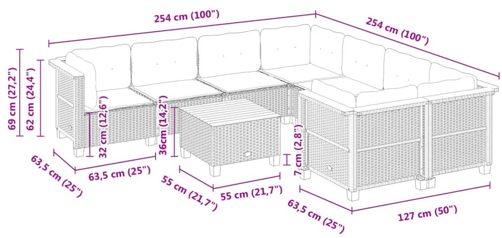 9 pcs conjunto de sofás p/ jardim c/ almofadões vime PE preto