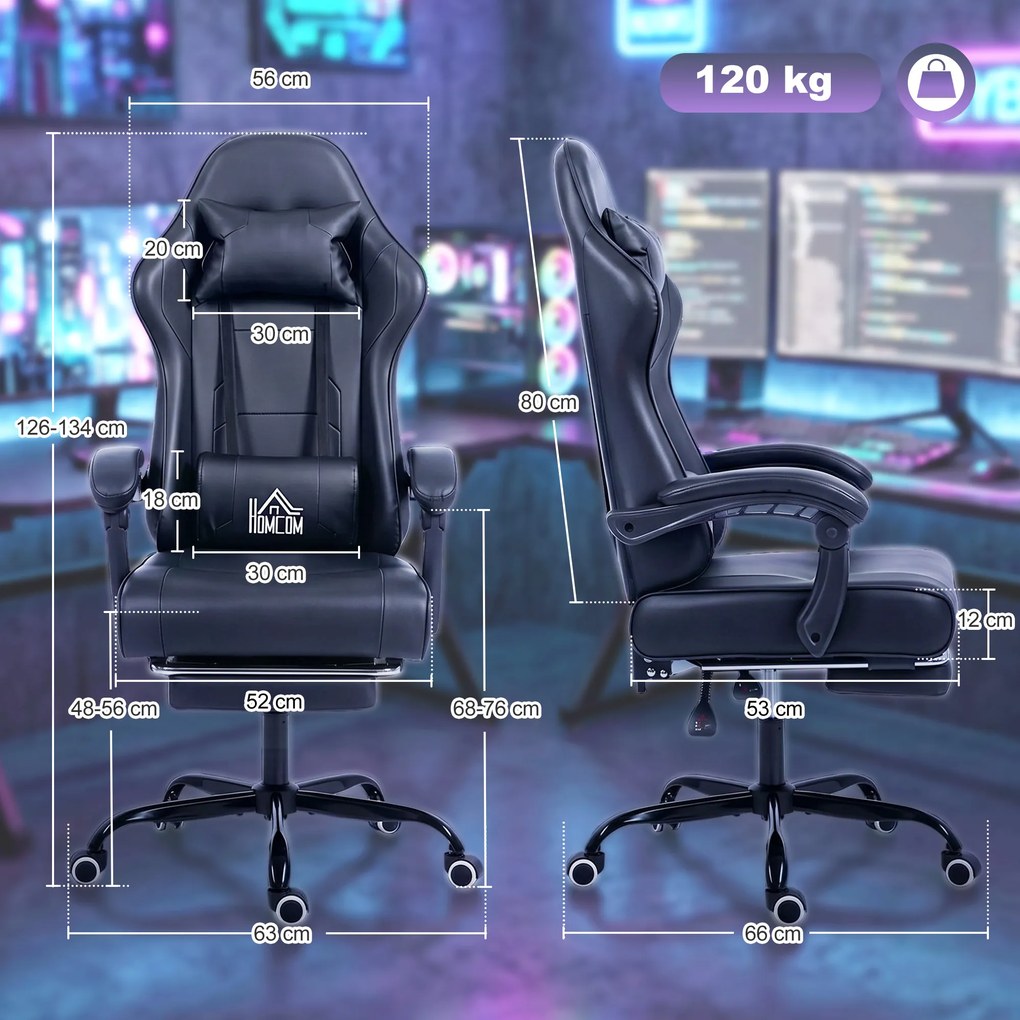 Cadeira de gaming ergonómica, cadeira para gamers com apoio lombar com função de massagem, encosto reclinável, altura ajustável, preta