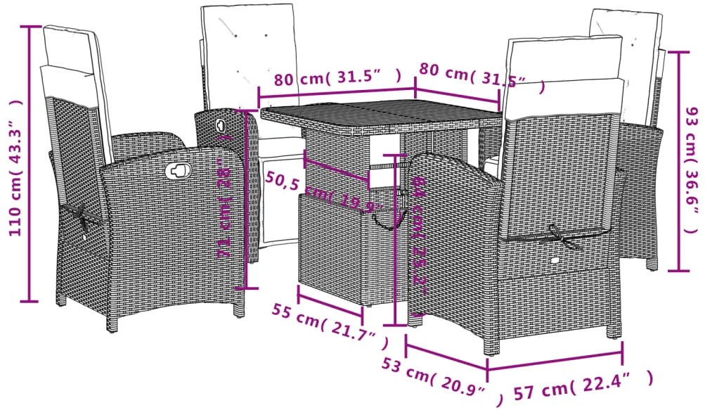 5 pcs conjunto de jantar p/ jardim c/ almofadões vime PE preto