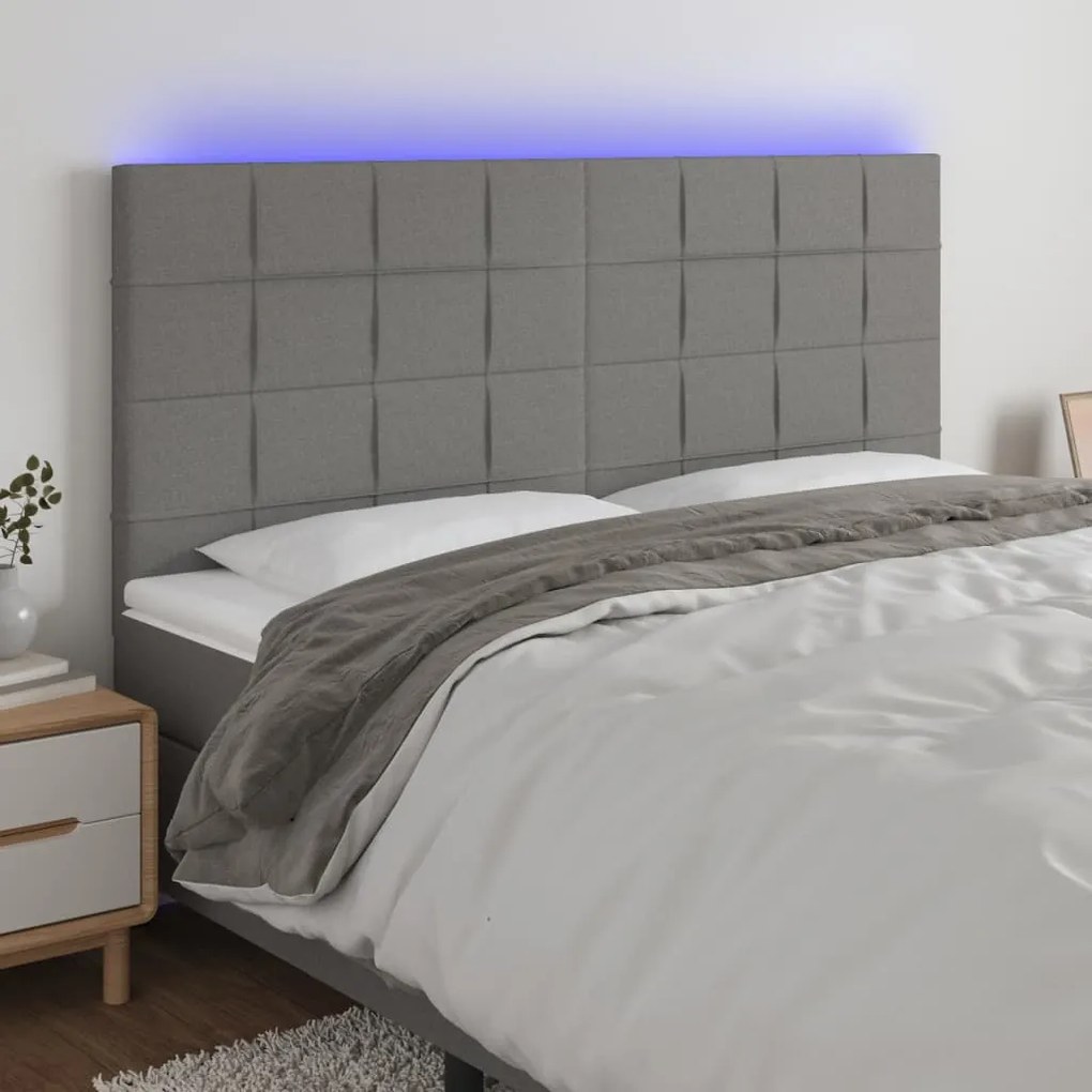 Cabeceira de cama c/ LED tecido 180x5x118/128 cm cinza-escuro