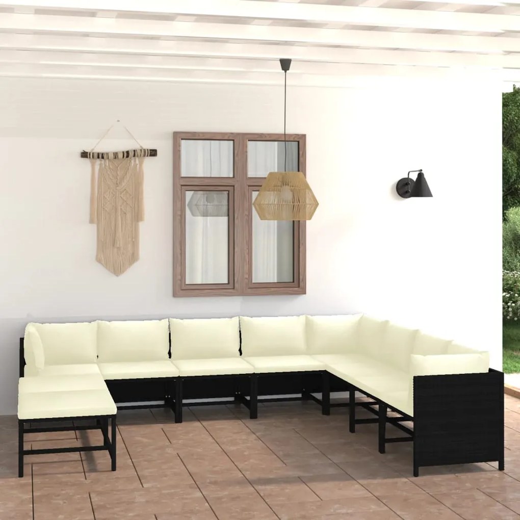 vidaXL 9 pcs conjunto lounge de jardim c/ almofadões vime PE preto