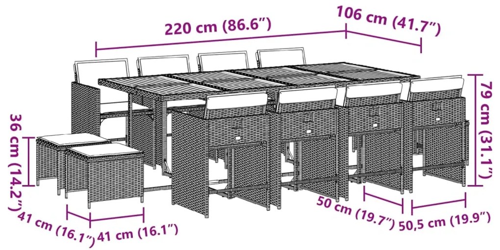 13 pcs conjunto jantar p/ jardim c/ almofadões vime PE cinzento