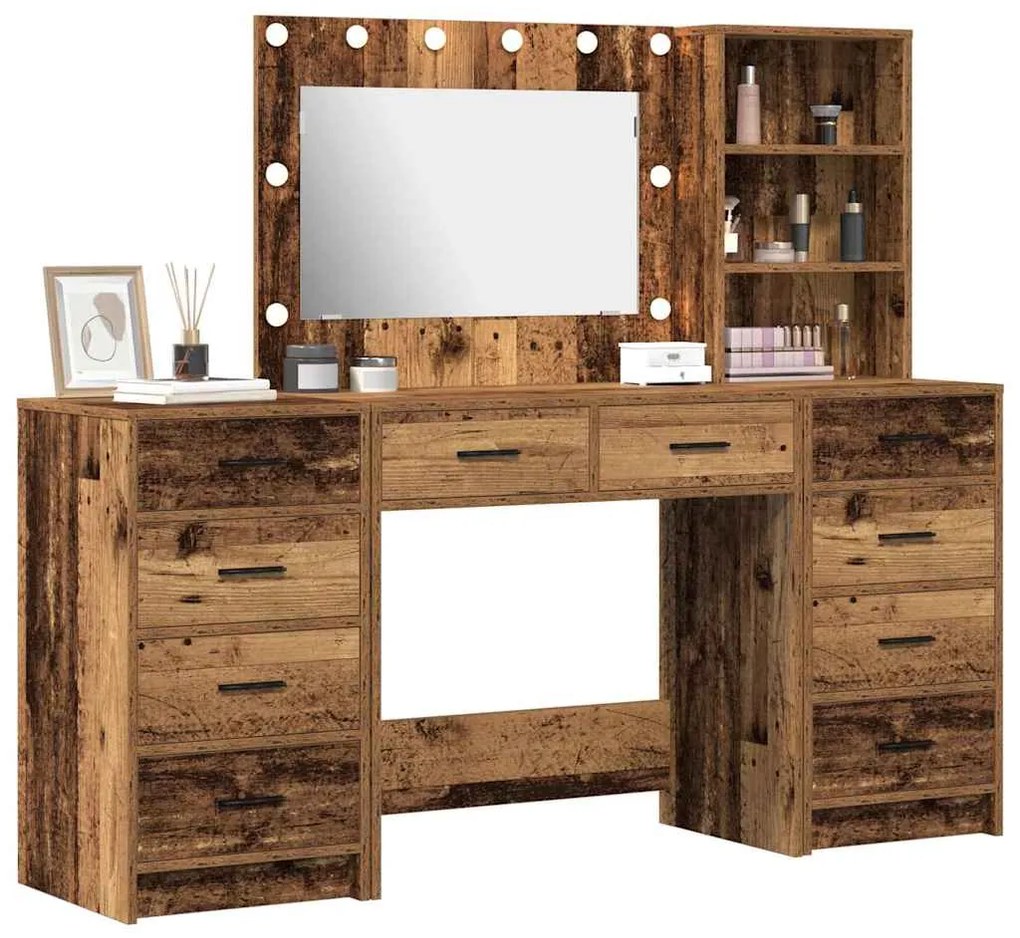 Conjunto de Mesa de Penteado de 3 Peças com LED Madeira Velha Madeira