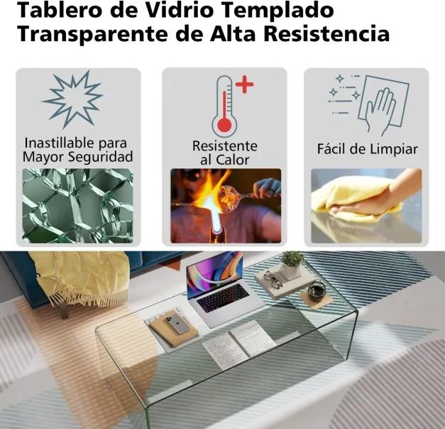 Mesa de centro em forma de U em vidro temperado com arestas suaves e arredondadas 108 x 50 x 35 cm Transparente