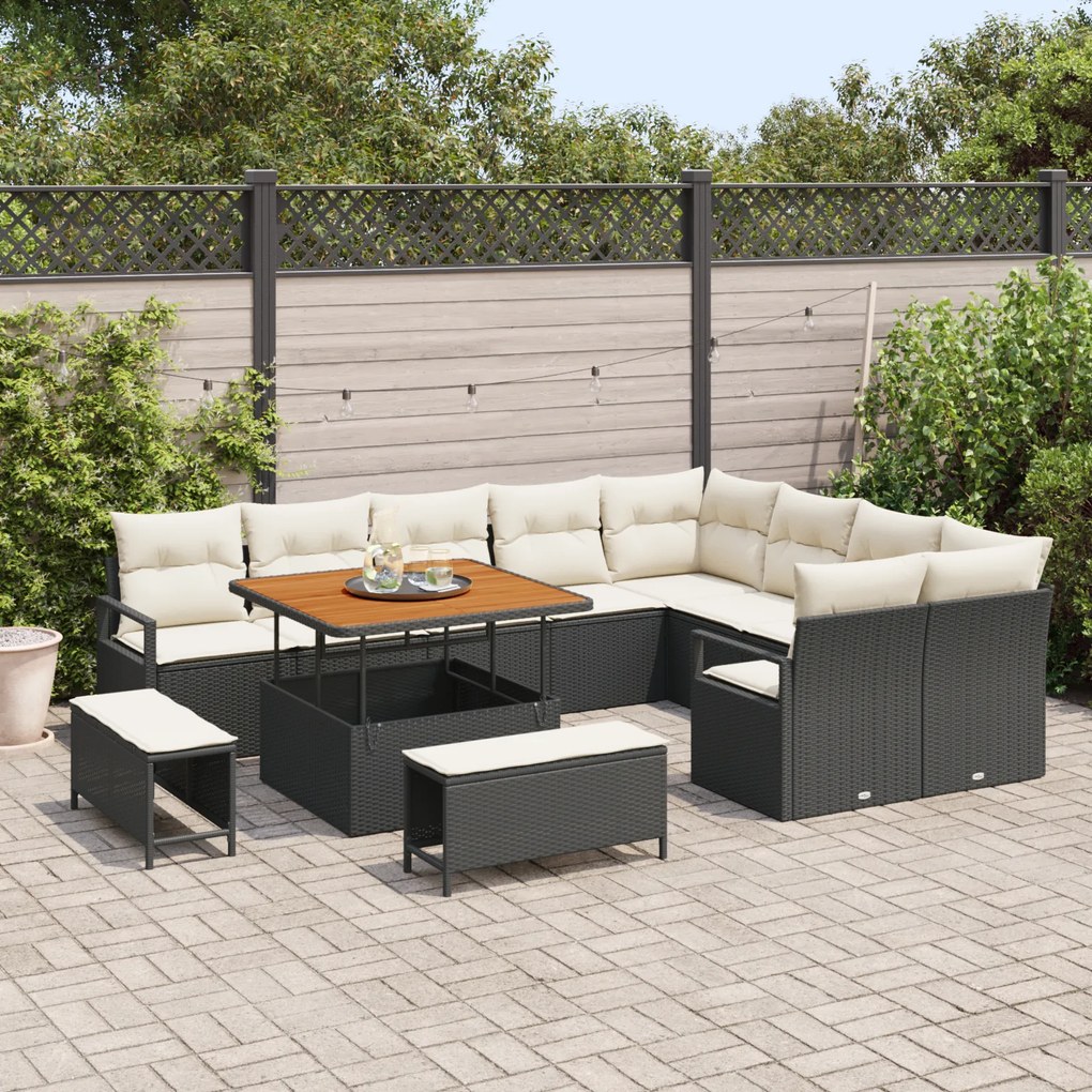 Conjunto de Sofá de Jardim de 12 Peças com Almofadas Preto Rattan Poli