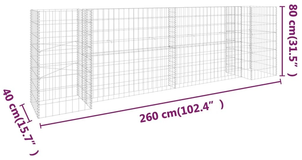 Gabião em forma de H fio de aço 260x40x80 cm