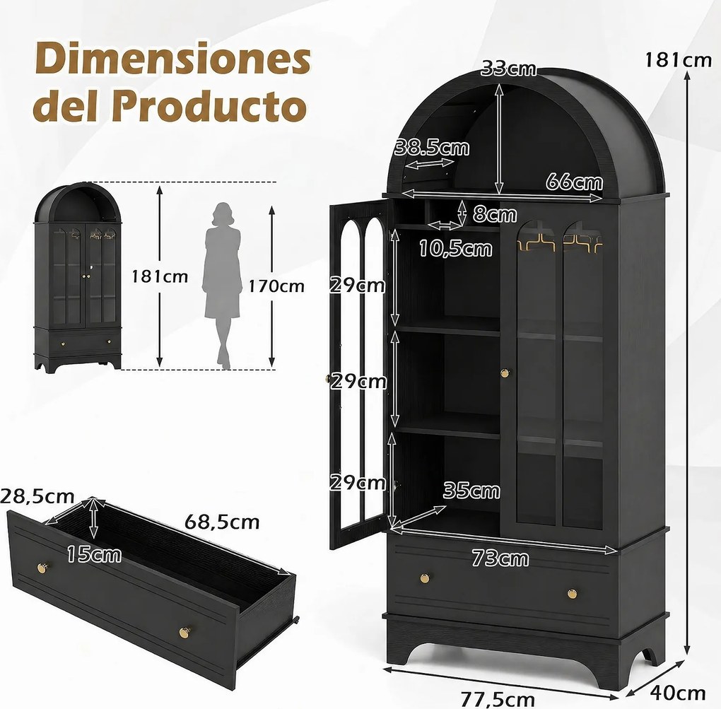 Armário de Arrumação Arqueado, 77,5 x 40 x 181 cm, Suporte para Garrafas e Copos, Preto