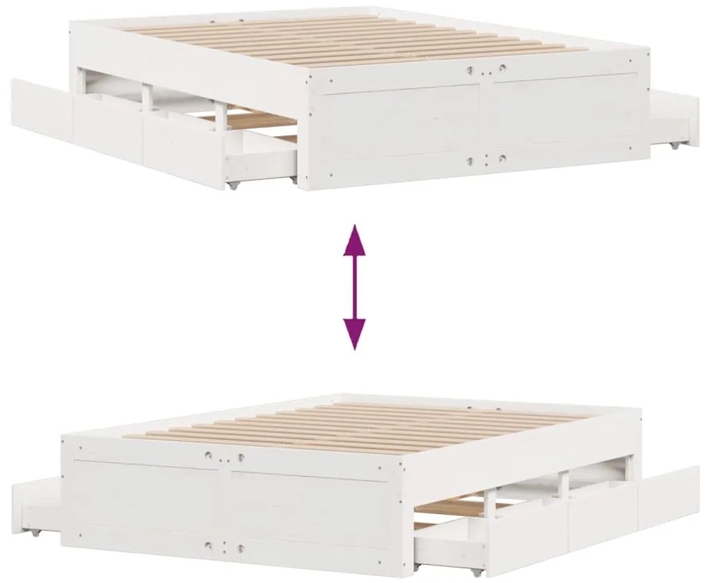 Cama sem colchão com gavetas 140x200 cm pinho maciço branco