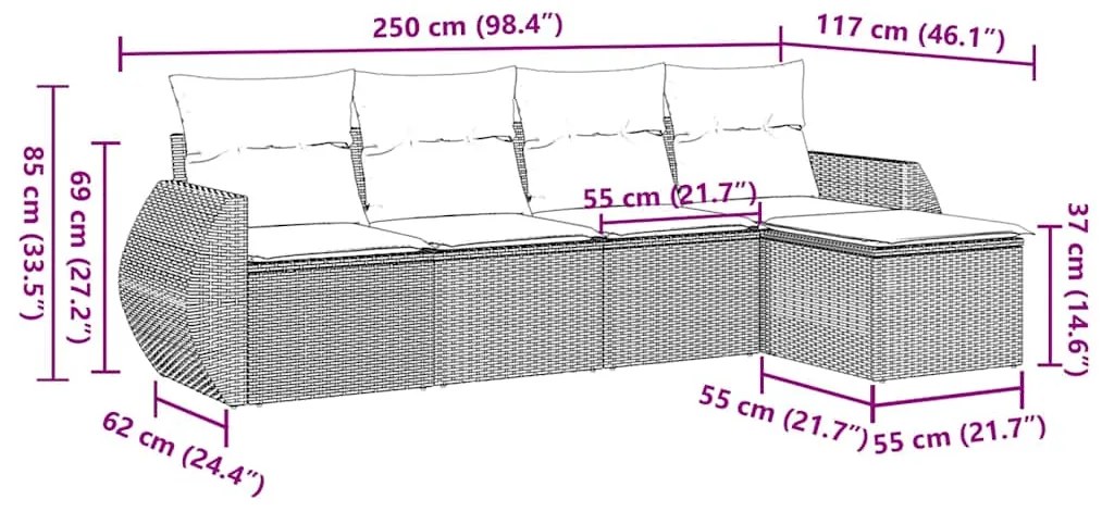 5 pcs conj. sofás jardim c/ almofadões vime PE cinzento-claro