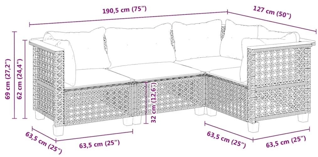 4 pcs conjunto de sofás para jardim c/ almofadões vime PE bege